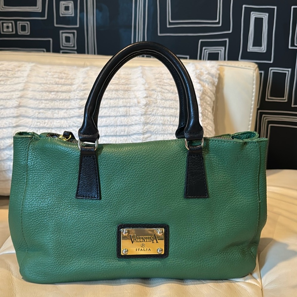 Valentina Italia Bag Pebble Leather Satchel Green Black Gold